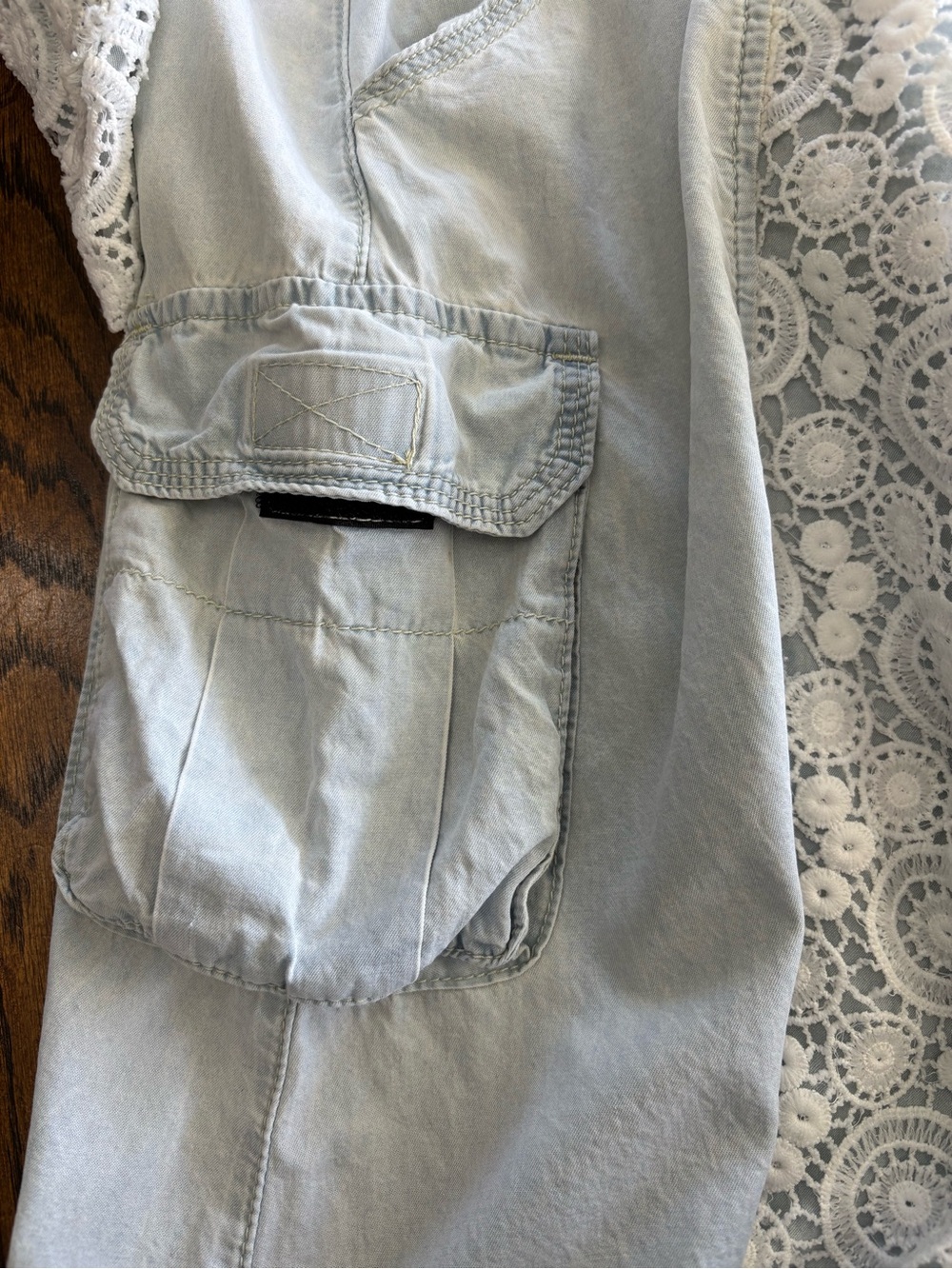 POL Lace Light Wash Denim Midi Maxi Skirt Crochet Medium Boho Coastal Cowgirl - Picture 10 of 15